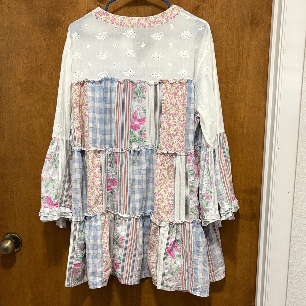 447. Blue Velvet Patchwork Floral Tiered Dress Tunic in Pastel Pink & Blue - Picture 2 of 3